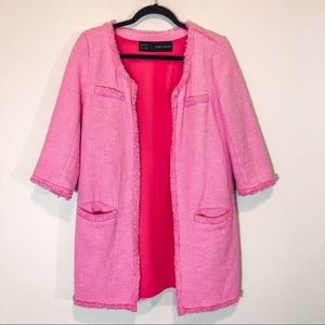 Zara Basic Long Tweed Vibrant Pink Cardigan M